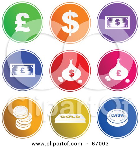 Royalty-Free (RF) Clipart Illustration of a Digital Collage of Round Colorful Financial Buttons by Prawny