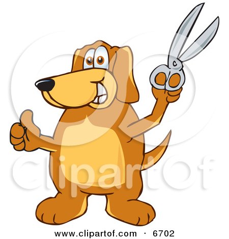 Brown Dog Mascot Cartoon Character Holding a Pair of Scissors Clipart Picture by Toons4Biz
