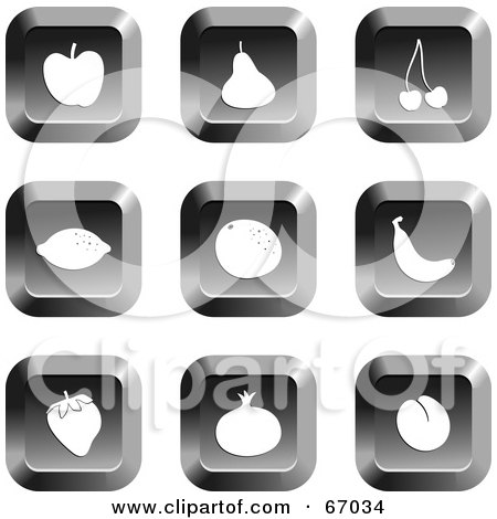 Royalty-Free (RF) Clipart Illustration of a Digital Collage Of Square Chrome Fruit Buttons by Prawny
