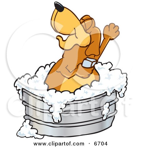 Brown Dog Mascot Cartoon Character Bathing in a Metal Tub Posters, Art Prints