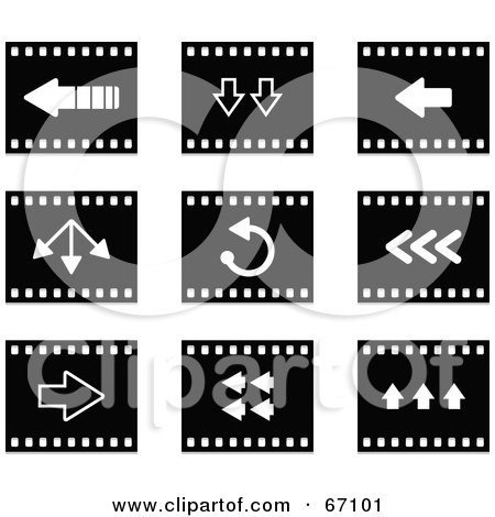 Royalty-Free (RF) Clipart Illustration of a Digital Collage Of Black And White Film Strip Arrow Buttons by Prawny