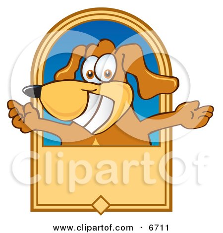 Brown Dog Mascot Cartoon Character With Open Arms on a Banner Clipart Picture by Mascot Junction
