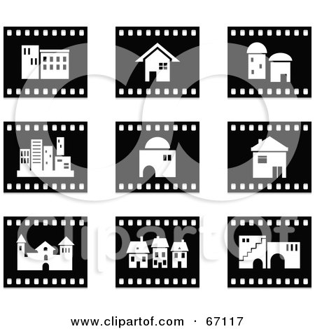 Royalty-Free (RF) Clipart Illustration of a Digital Collage Of Black And White Architecture Film Strip Icons by Prawny
