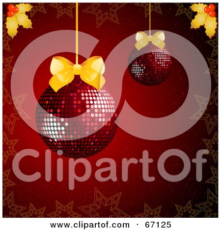 Royalty-Free (RF) Clipart Illustration of a Red Christmas Background With Disco Baubles And Golden Bows And Holly by elaineitalia