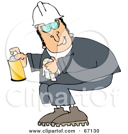 Royalty-Free (RF) Clipart Illustration of a Worker Man Crouching And Spraying A Cleaner From A Can by djart