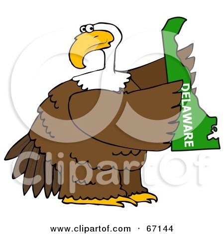 Royalty-Free (RF) Clipart Illustration of a Bald Eagle Holding A Green State Of Delaware by djart