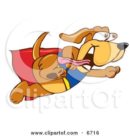Brown Dog Mascot Cartoon Character Dressed as a Super Hero, Flying Clipart Picture by Toons4Biz