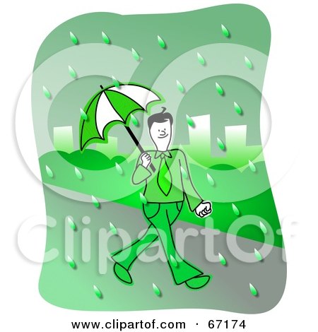 Royalty-Free (RF) Clipart Illustration of a Businessman Walking Through A Rainy Green City by Prawny