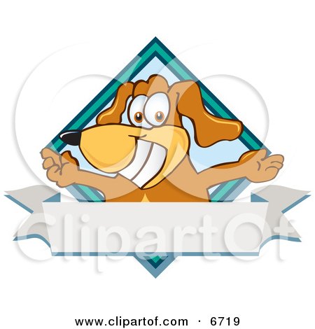Brown Dog Mascot Cartoon Character With Open Arms Over a Blank White Label Clipart Picture by Mascot Junction