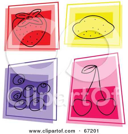 Royalty-Free (RF) Clipart Illustration of a Digital Collage Of Square Strawberry, Lemon, Blueberry And Cherry Icons by Prawny