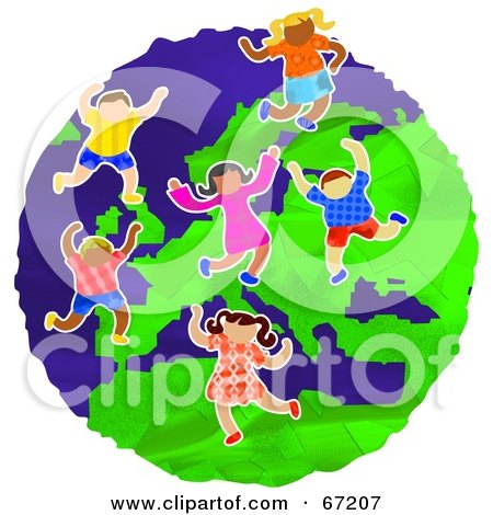 Royalty-Free (RF) Clipart Illustration of Happy European Kids Dancing On The Globe by Prawny