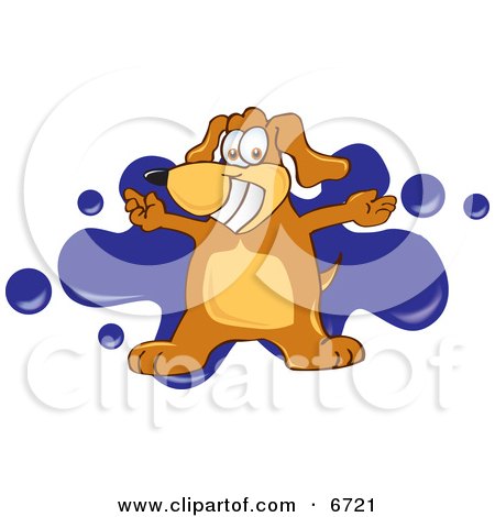Brown Dog Mascot Cartoon Character With Open Arms Over a Blue Splatter Clipart Picture by Toons4Biz