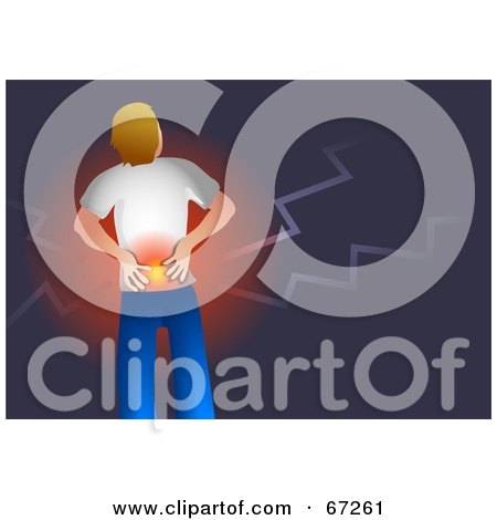 Royalty-Free (RF) Clipart Illustration of a Man Grasping His Lower Back, With Illuminated Pain by Prawny
