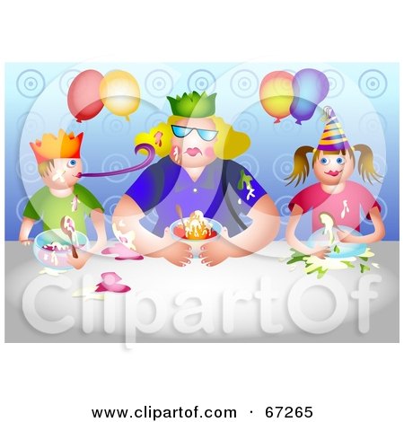 Royalty-Free (RF) Clipart Illustration of a Blond Woman And Two Children Eating Dessert At A Birthday Party by Prawny