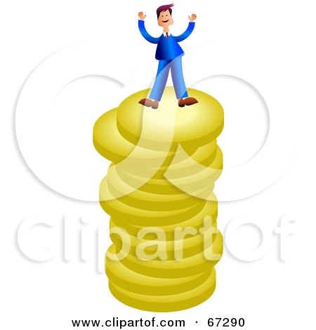 Royalty-Free (RF) Clipart Illustration of a Rich Businessman Celebrating On Top Of A Stack Of Coins by Prawny