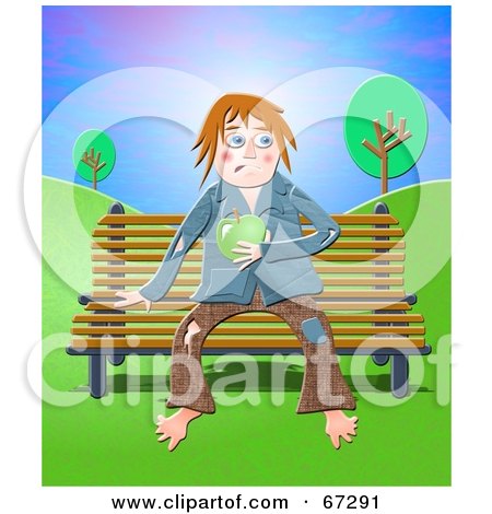 Royalty-Free (RF) Clipart Illustration of a Homeless Tramp Holding An Apple And Sitting On A Bench by Prawny