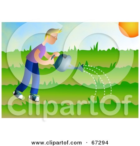 Royalty-Free (RF) Clipart Illustration of a Blond Man Watering His Garden by Prawny