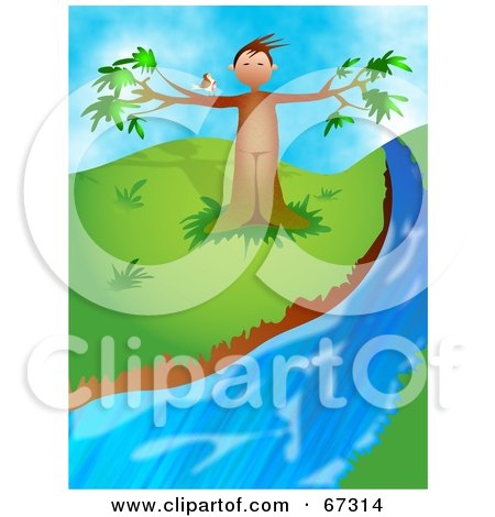 Royalty-Free (RF) Clipart Illustration of a Bird Perched On A Tree Man Beside A Creek by Prawny