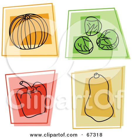 Royalty-Free (RF) Clipart Illustration of a Digital Collage Of Colorful Square Pumpkin, Brussels Sprouts, Bell Pepper And Squash Icons by Prawny