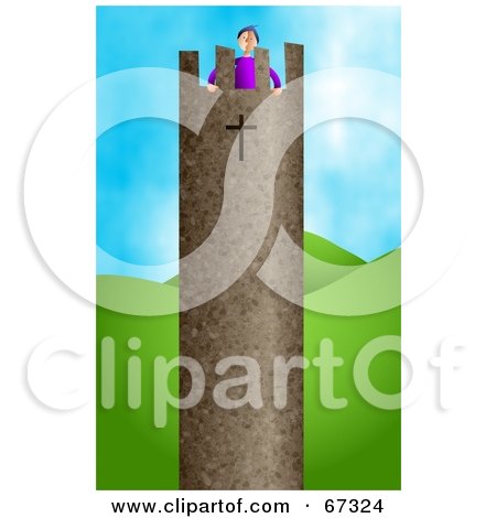 Royalty-Free (RF) Clipart Illustration of a Man Standing At The Top Of A Strong Tower by Prawny
