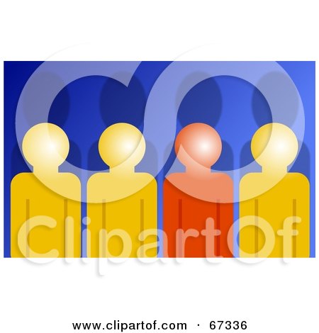 Royalty-Free (RF) Clipart Illustration of a Different Red Man Standing Out From A Line Of Yellows, Over Blue by Prawny