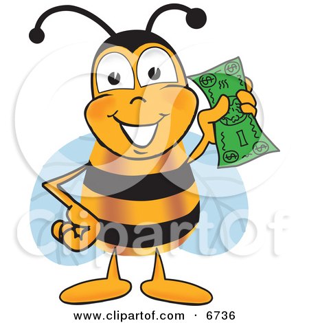 Clipart Picture of a Bee Mascot Cartoon Character Holding a Dollar Bill by Toons4Biz