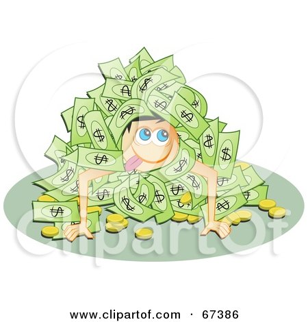 Royalty-Free (RF) Clipart Illustration of a Goofy Man In A Pile Of Cash And Coins by Prawny