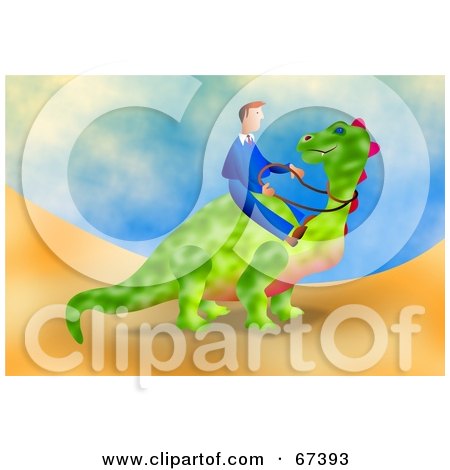 Royalty-Free (RF) Clipart Illustration of a Businessman Riding A Green Dinosaur On A Hill by Prawny