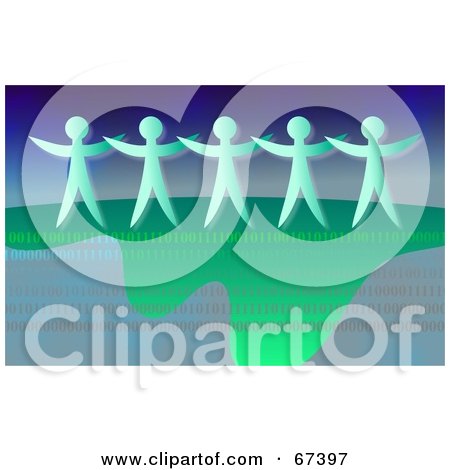 Royalty-Free (RF) Clipart Illustration of a Row Of People Standing Over Waves Of Binary Lines On Green And Blue. by Prawny