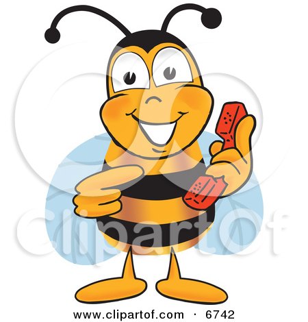 Clipart Picture of a Bee Mascot Cartoon Character Holding and Pointing to a Telephone by Mascot Junction
