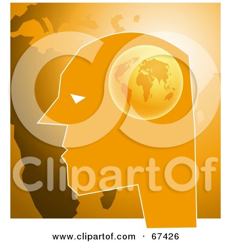 Royalty-Free (RF) Clipart Illustration of a Man With A Globe Brain Over An Orange Map by Prawny