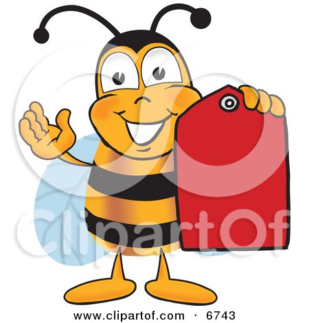 Clipart Picture of a Bee Mascot Cartoon Character Holding a Red Clearance Sales Tag by Mascot Junction