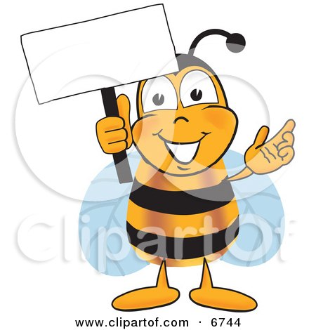 Clipart Picture of a Bee Mascot Cartoon Character Holding a Blank White Sign by Mascot Junction