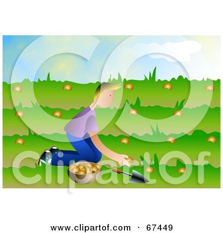 Royalty-Free (RF) Clipart Illustration of a Kneeling Man Sowing Seeds In A Garden by Prawny
