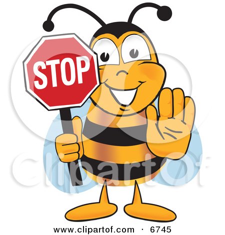 Clipart Picture of a Bee Mascot Cartoon Character Holding His Hand Out and a Red Stop Sign by Toons4Biz