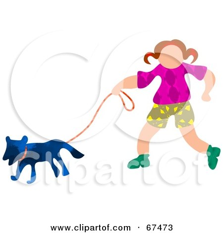 Royalty-Free (RF) Clipart Illustration of a Little Girl Walking Her Blue Dog by Prawny
