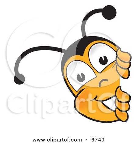 Clipart Picture of a Bee Mascot Cartoon Character Peeking His Head Around a Corner by Toons4Biz