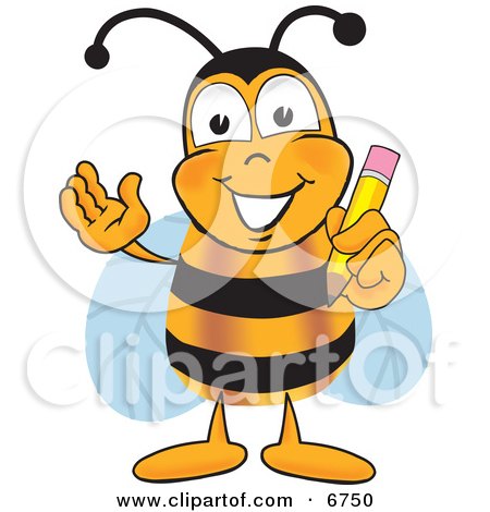Clipart Picture of a Bee Mascot Cartoon Character Holding a Pencil by Toons4Biz
