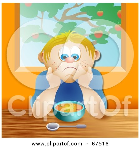 Royalty-Free (RF) Clipart Illustration of a Sad Boy Sitting In Front Of A Bowl Of Soup by Prawny