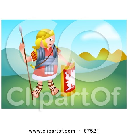 Royalty-Free (RF) Clipart Illustration of a Roman Soldier Standing In A Hilly Landscape by Prawny