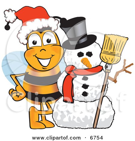 Clipart Picture of a Bee Mascot Cartoon Character With a Snowman on Christmas by Toons4Biz