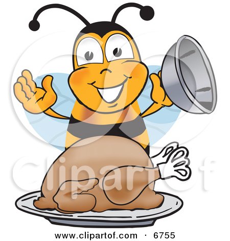 Clipart Picture of a Bee Mascot Cartoon Character Holding the Lid to a Platter With a Thanksgiving Turkey on it by Mascot Junction