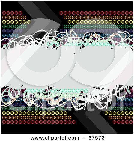 Royalty-Free (RF) Clipart Illustration of a Rainbow Circle Background With A White Scribble Text Box On Black by Arena Creative