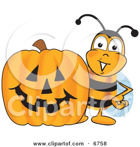 Clipart Picture of a Bee Mascot Cartoon Character With a Carved Halloween Pumpkin by Mascot Junction