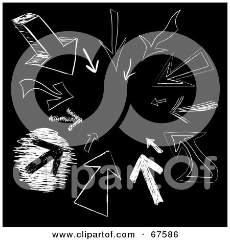 Royalty-Free (RF) Clipart Illustration of a Black Background With White Arrow Sketches Pointing Inwards by Arena Creative