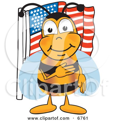 Clipart Picture of a Bee Mascot Cartoon Character Giving the Pledge of Allegiance Near an American Flag by Toons4Biz