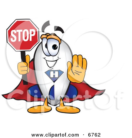 Clipart Picture of a Blimp Mascot Cartoon Character Holding a Stop Sign With His Arm Out in Front by Mascot Junction
