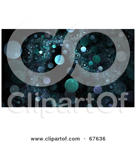 Royalty-Free (RF) Clipart Illustration of a Black Background Of Floating Green Fractal Orbs by Arena Creative