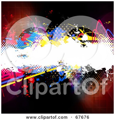 Royalty-Free (RF) Clipart Illustration of a Grungy White Text Box With Splatters And Halftone Over Fractals by Arena Creative