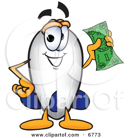Clipart Picture of a Blimp Mascot Cartoon Character Holding a Dollar Bill by Mascot Junction
